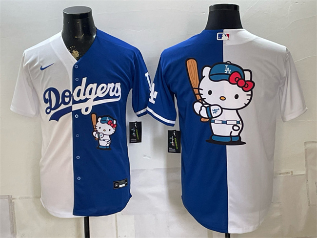 Men's Los Angeles Dodgers Team Big Logo White/Royal Split Stitched Baseball Jersey